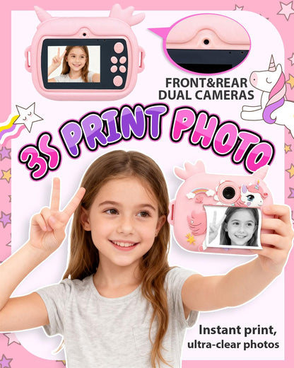 Torlaist children digital camera displaying the printed black and white photo emerging from the slot.