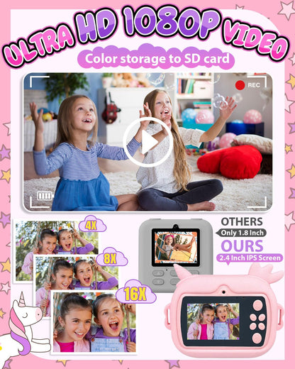 Torlaist instant print camera for girls showing the durable pink protective silicone unicorn design case.