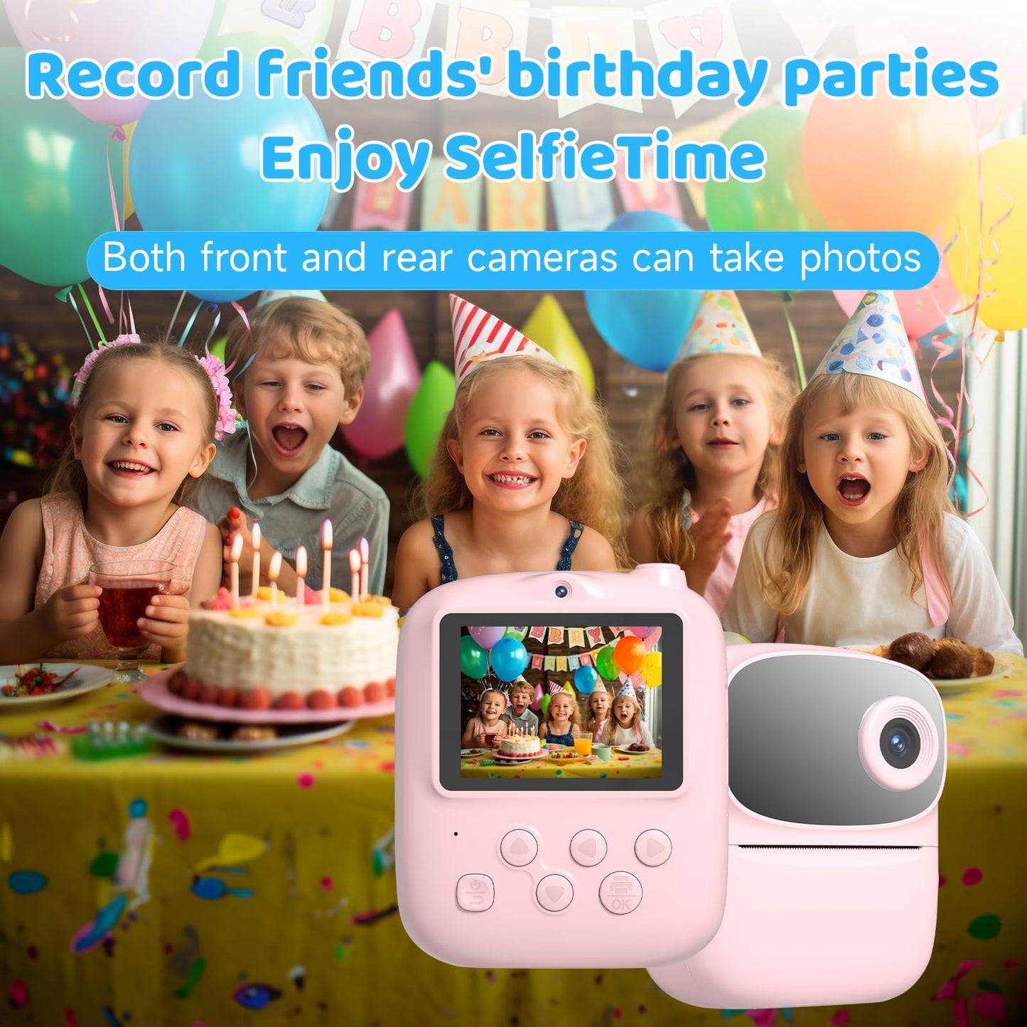 DIGITHINK 2025 children camera showing a freshly printed black and white physical photograph keepsake
