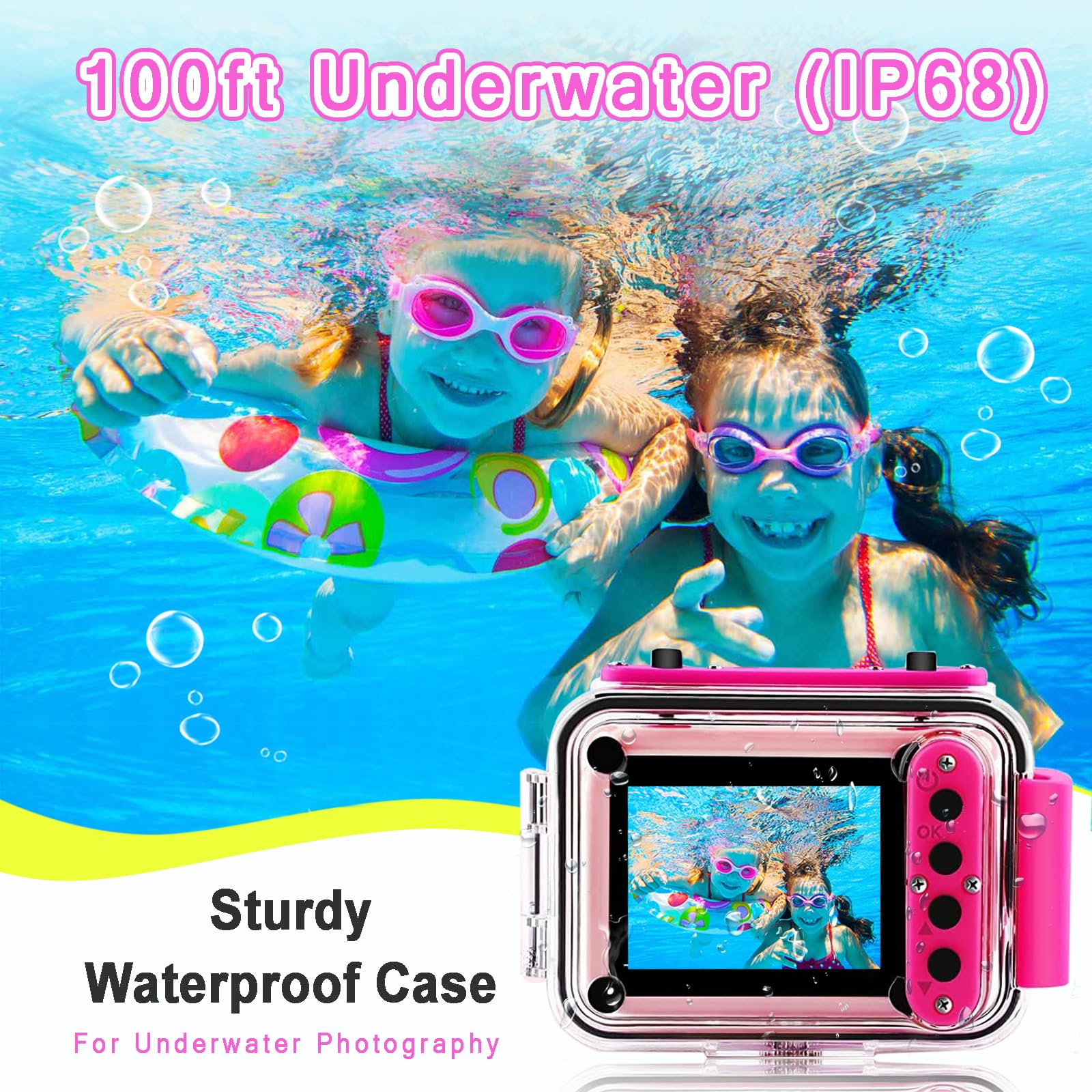 PROGRACE children underwater camera displaying the 180 degree rotatable selfie lens feature