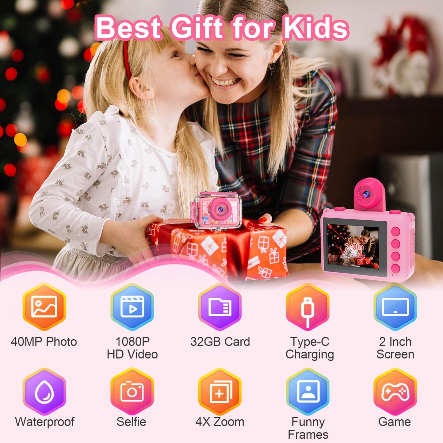 PROGRACE kids action camera showing the 2 inch LED screen and menu buttons