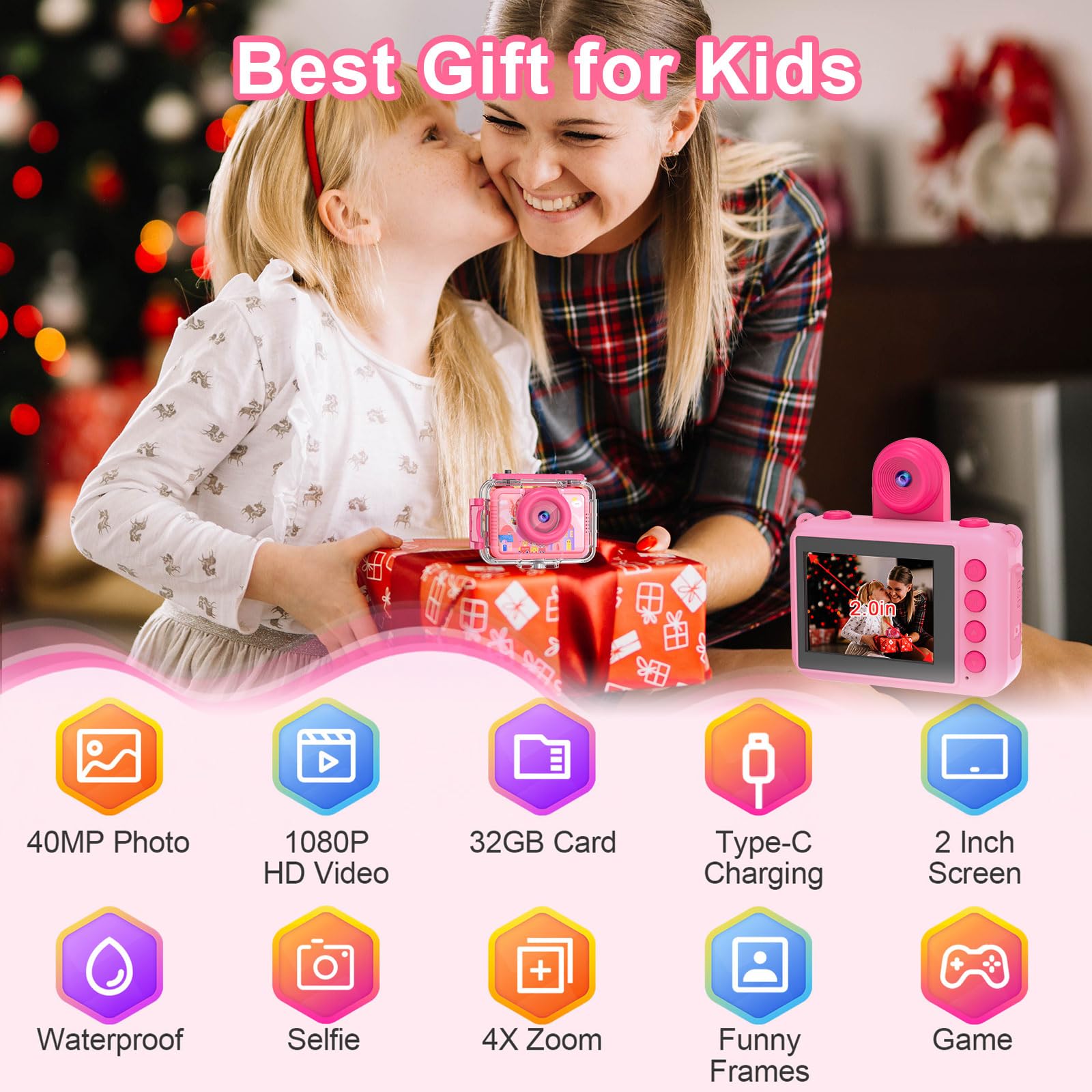 PROGRACE kids action camera showing the 2 inch LED screen and menu buttons