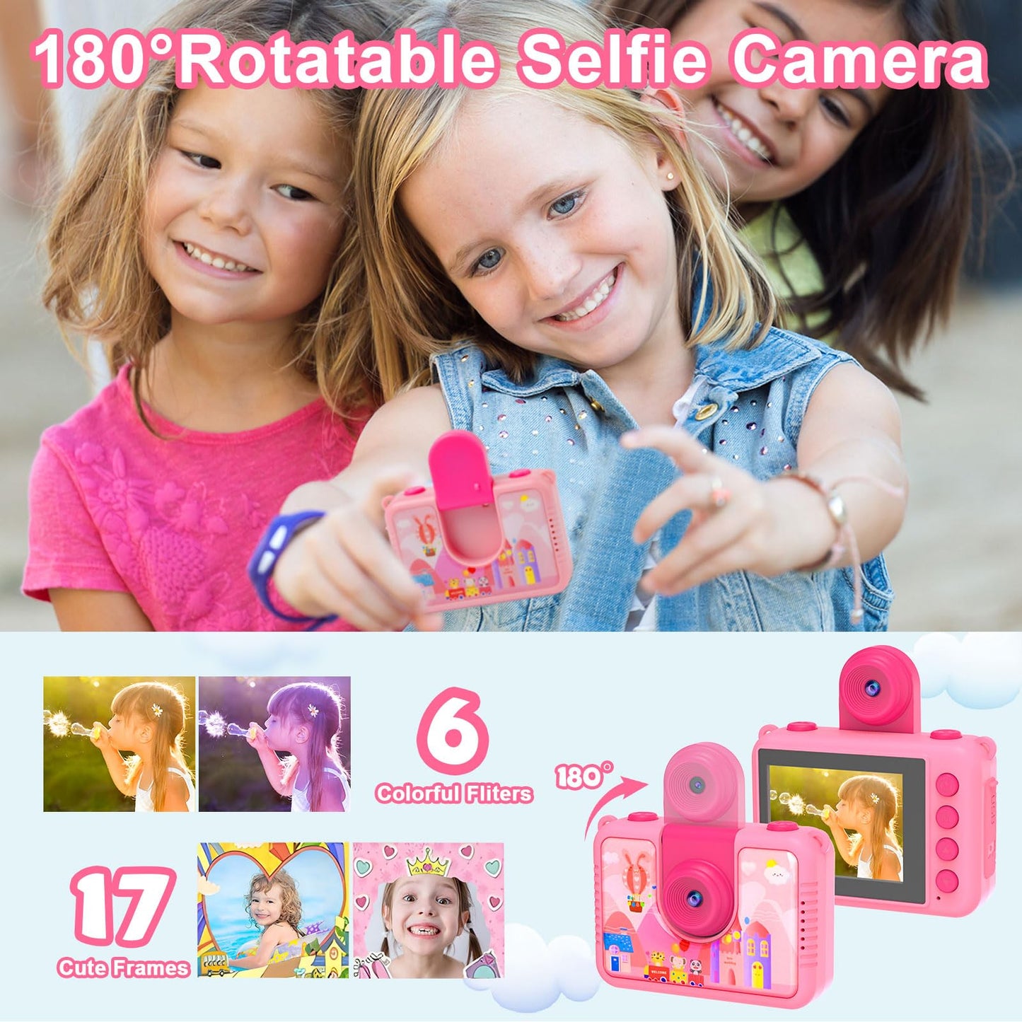 PROGRACE girls digital toy camera showcasing built in photo frames and filter modes