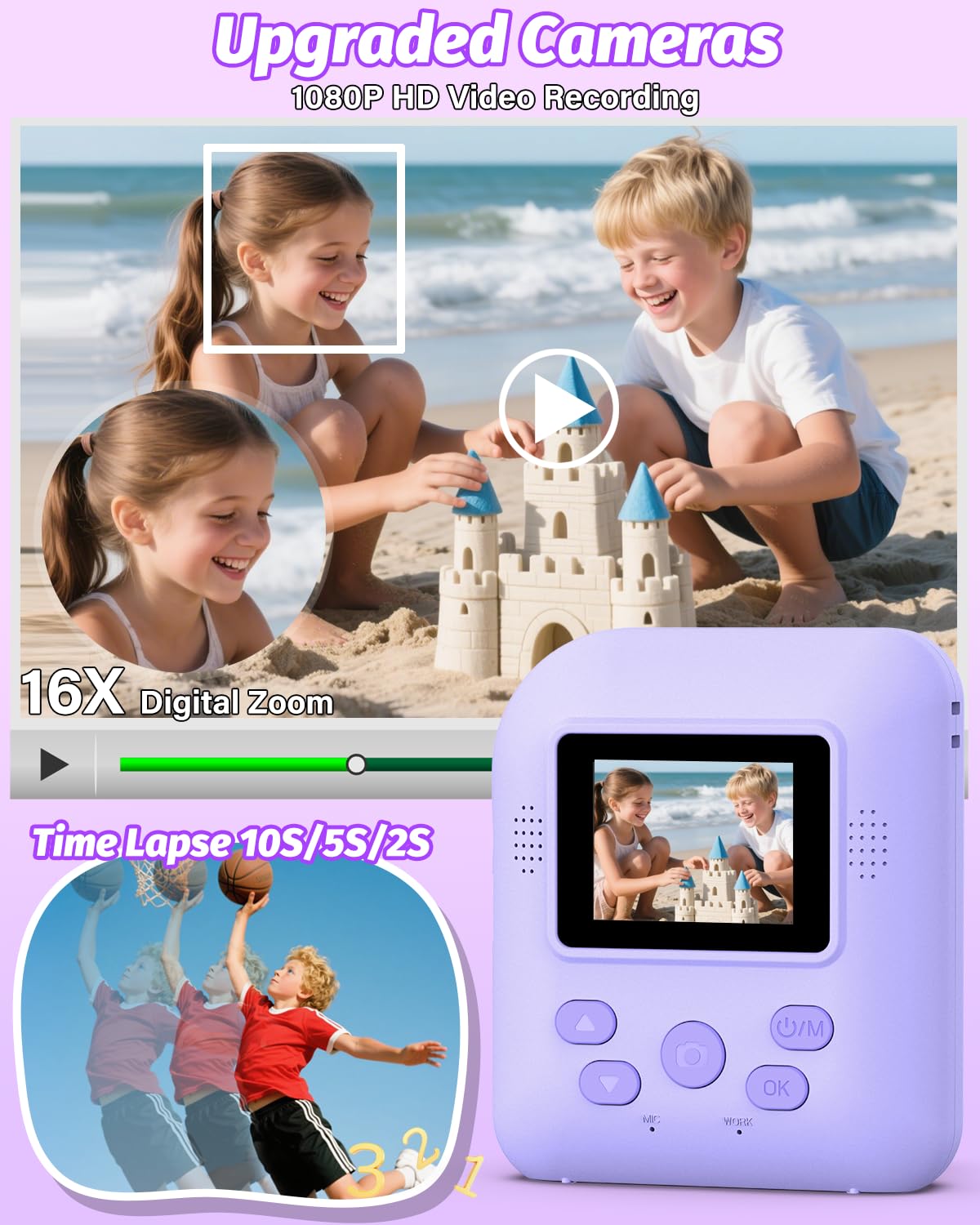 Teslahero kids instant digital video camera purple side angle highlighting ergonomic design for small hands