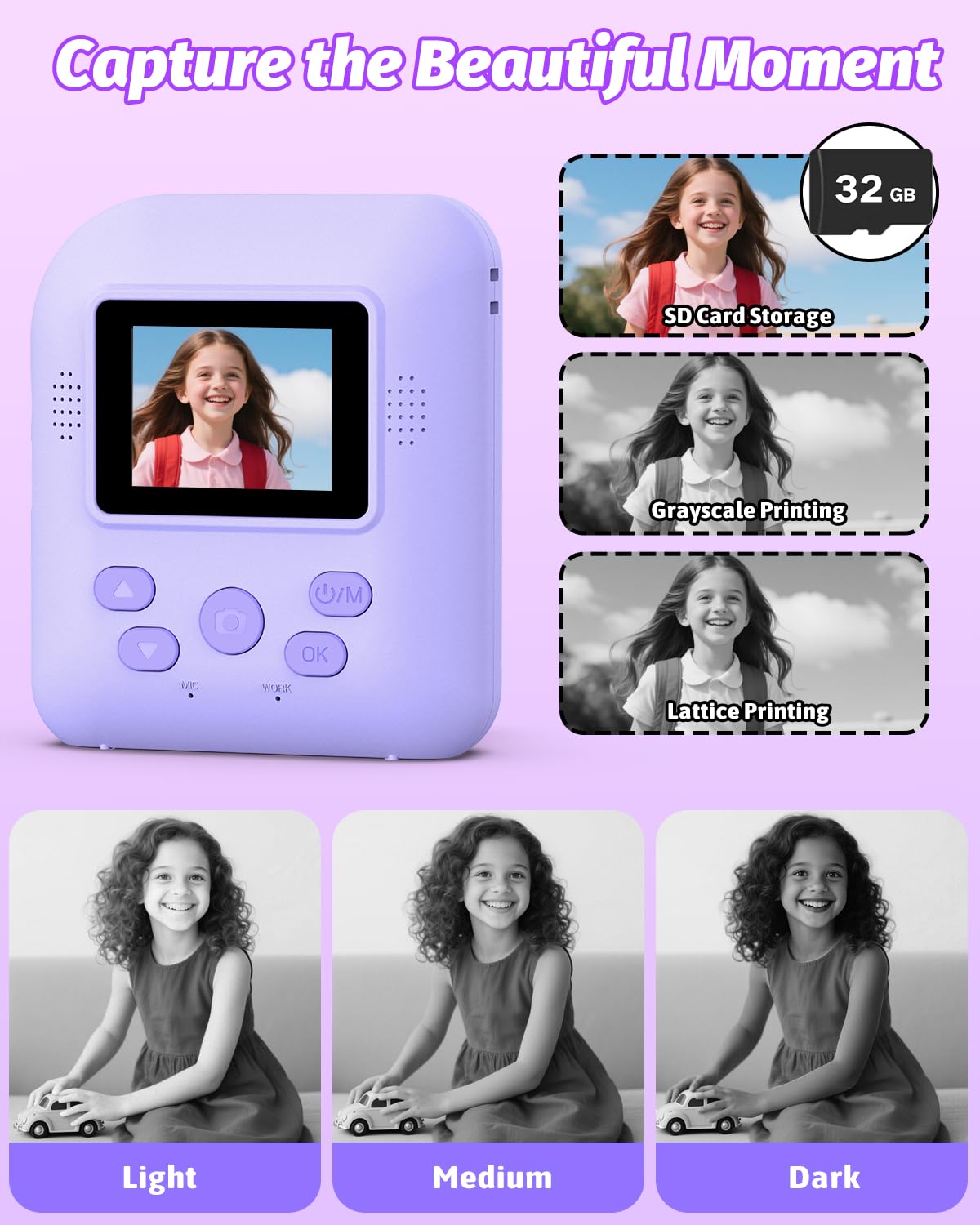 Teslahero 48MP digital photo printer toy for children showcasing ink free black and white printed picture