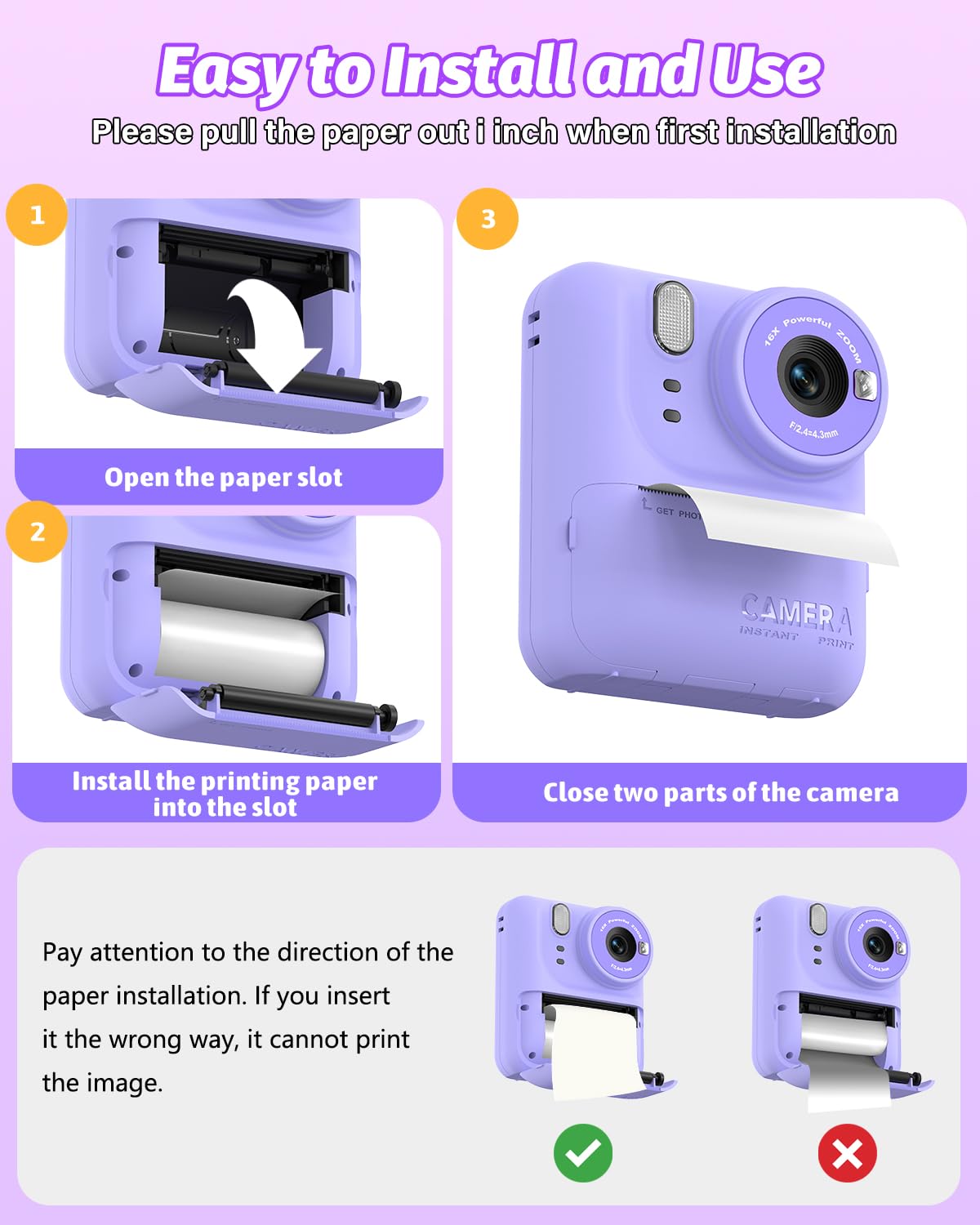 Teslahero kids instant print camera purple retail packaging with 32 gigabyte memory card and thermal rolls