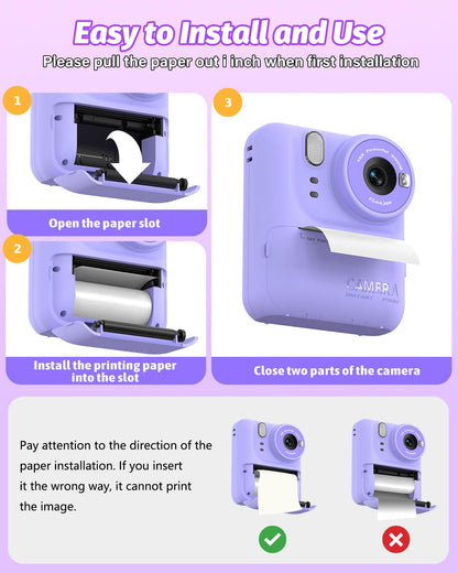Teslahero kids instant print camera purple retail packaging with 32 gigabyte memory card and thermal rolls