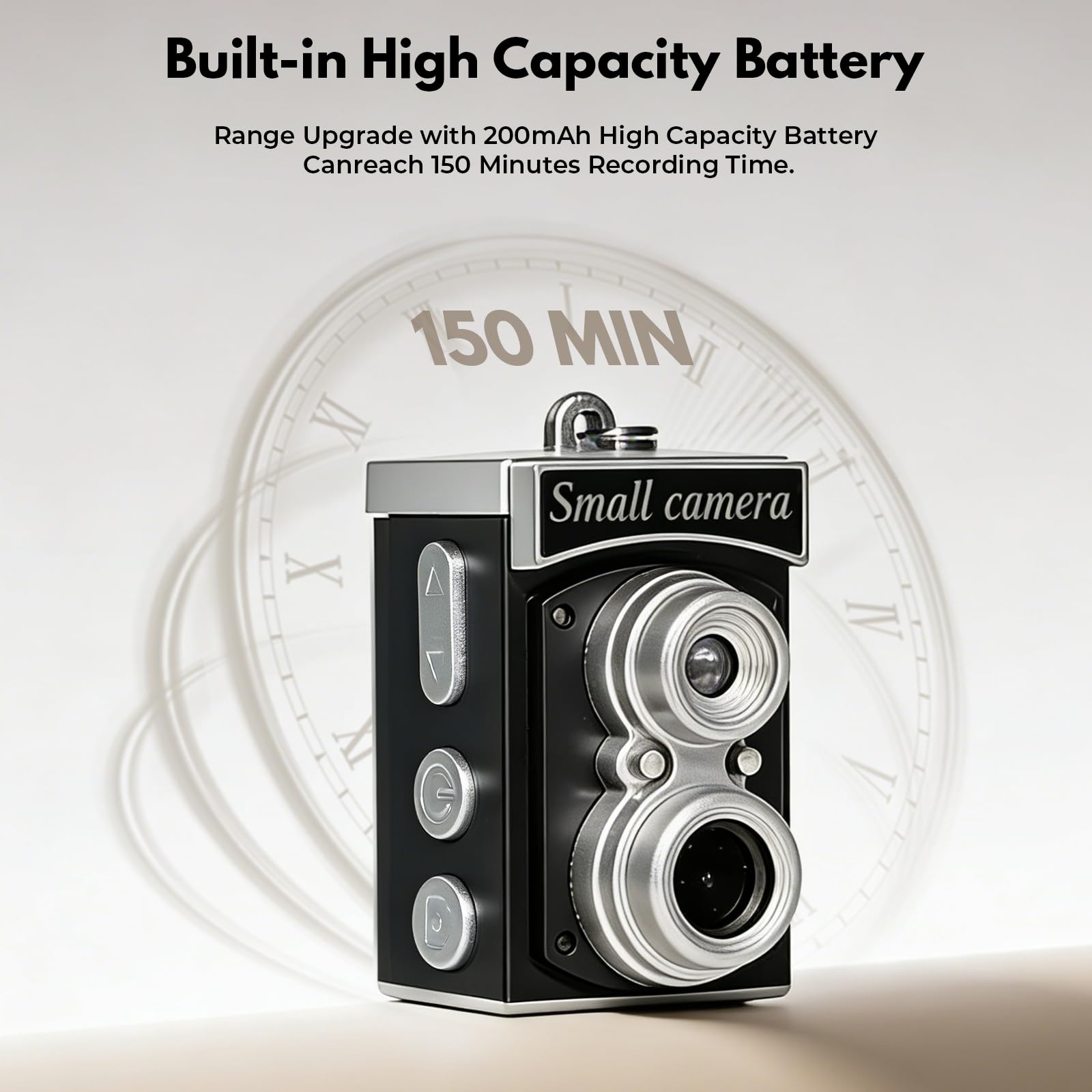 Biyizor mini travel camera bundle highlighting the included sixty four gigabyte memory card and lanyard