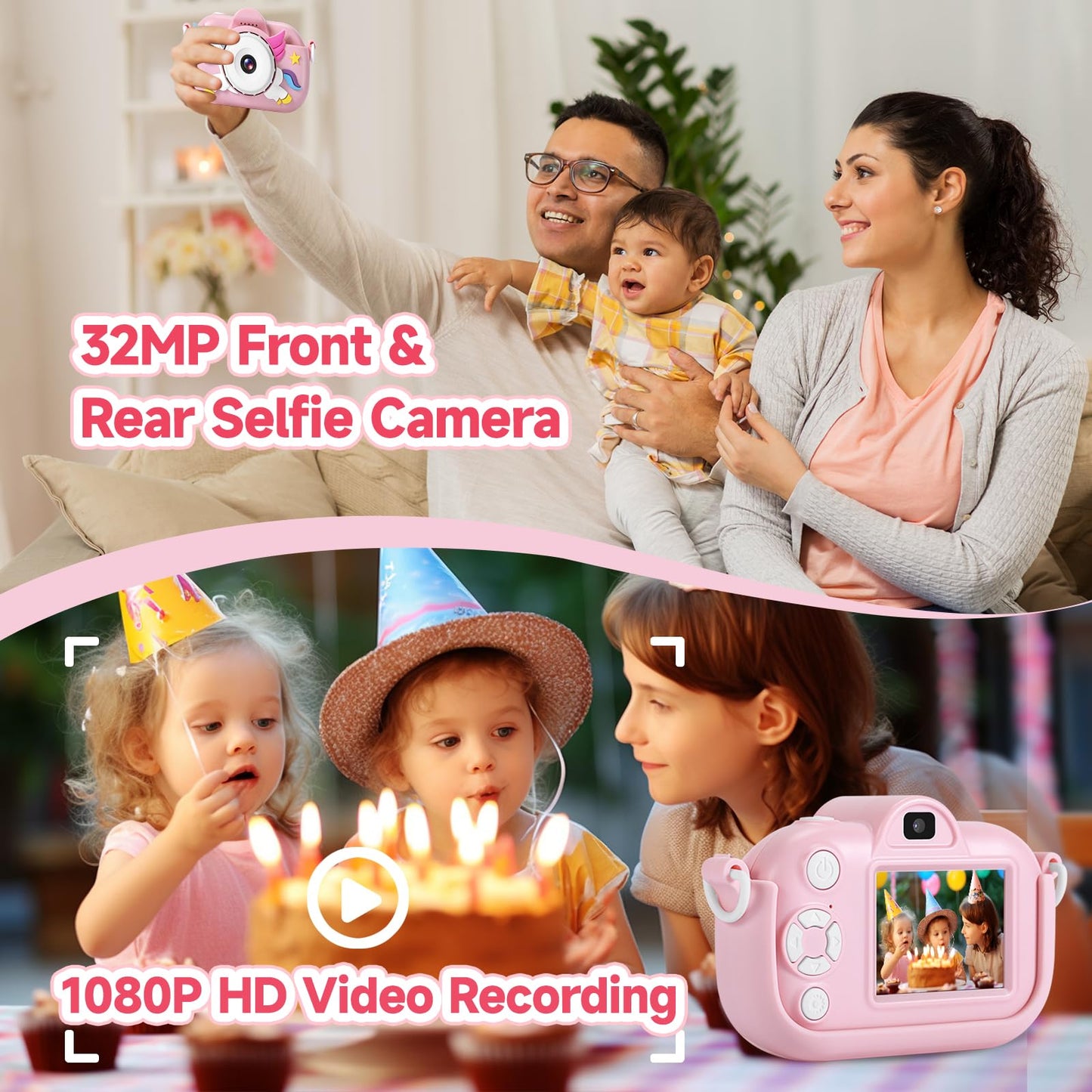 ZUODUN childrens toy camera showing thirty two megapixel dual lens system