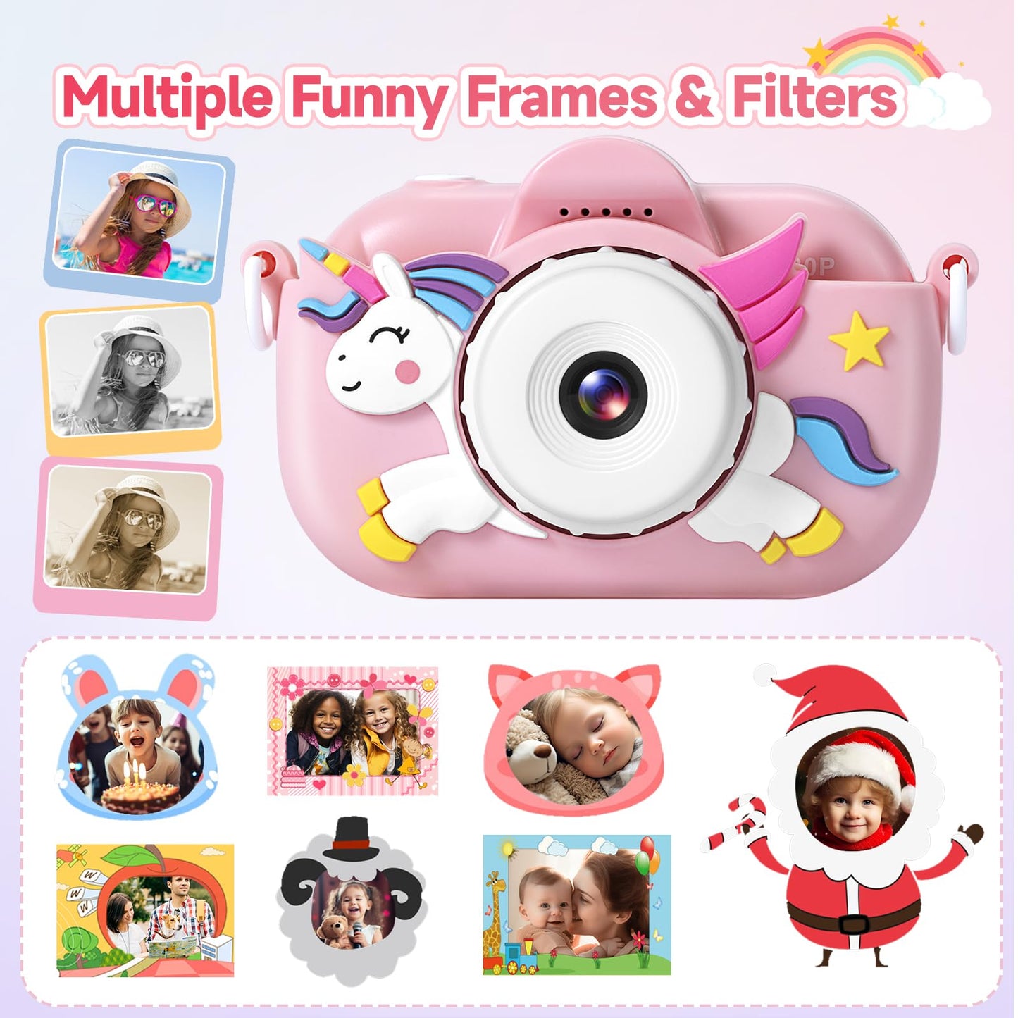 ZUODUN pink unicorn camera showcasing the included thirty two gigabyte storage card