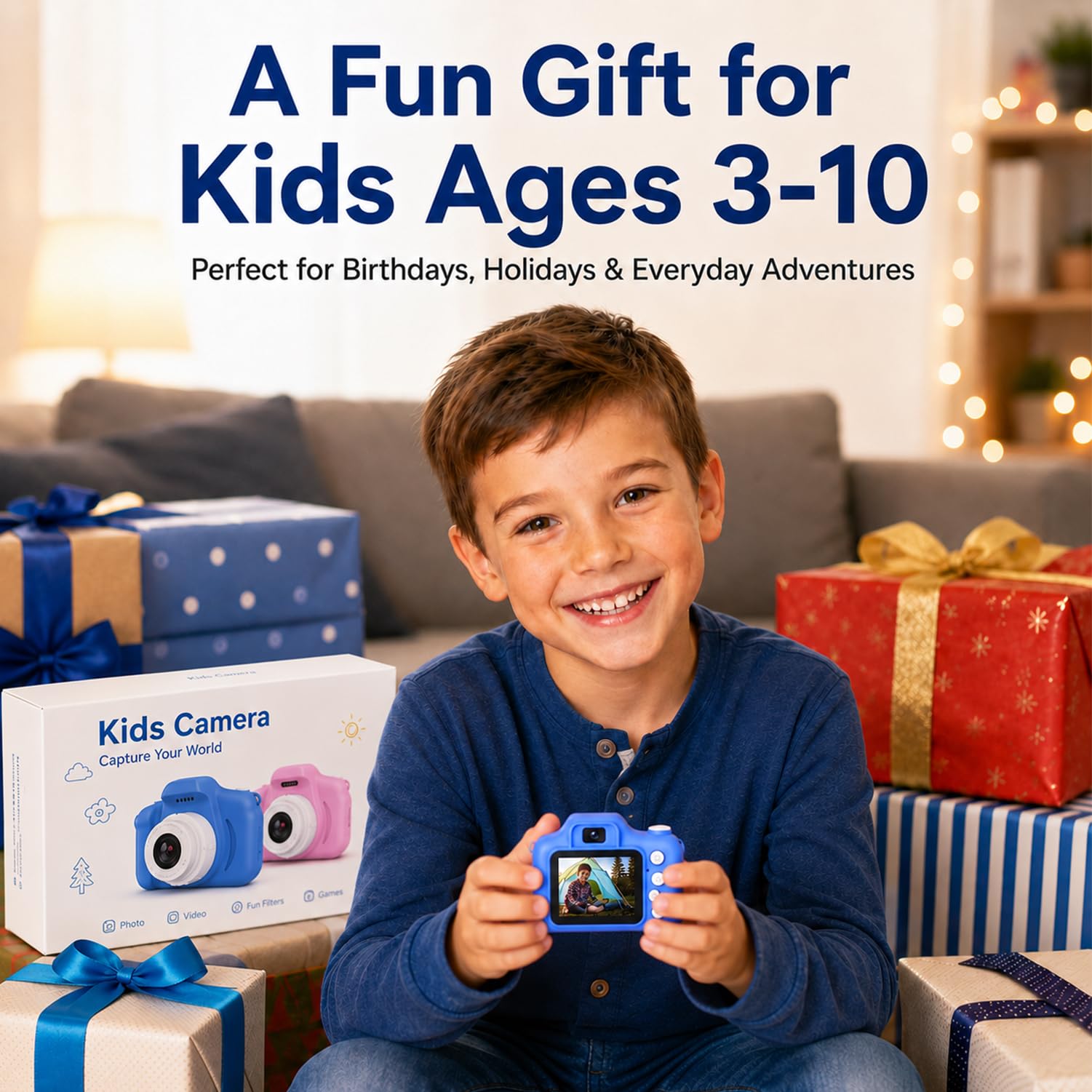 Tyseoome boys blue digital camera packaged gift set contents view