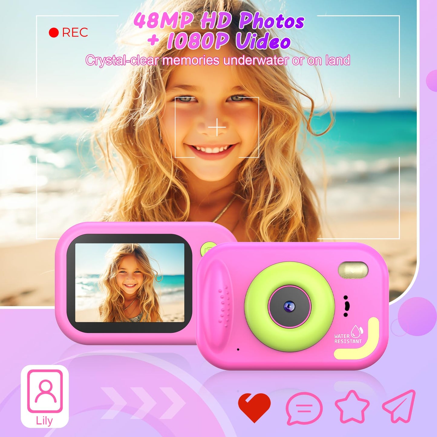 Uffylle rugged toy camera for boys and girls showing impact resistant pink ABS plastic shell design