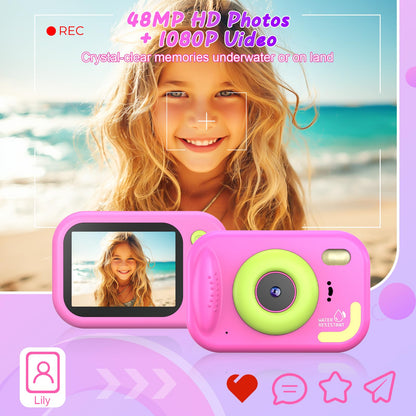 Uffylle rugged toy camera for boys and girls showing impact resistant pink ABS plastic shell design