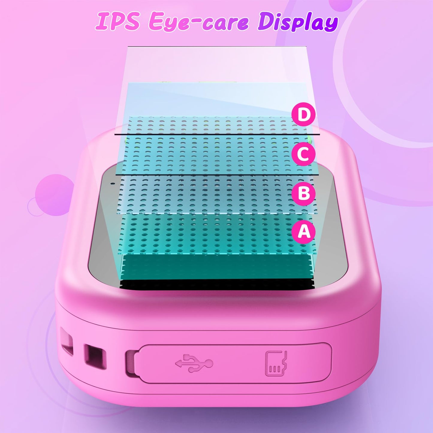 Uffylle kids camera display screen showing built in educational puzzle games and creative photo filters