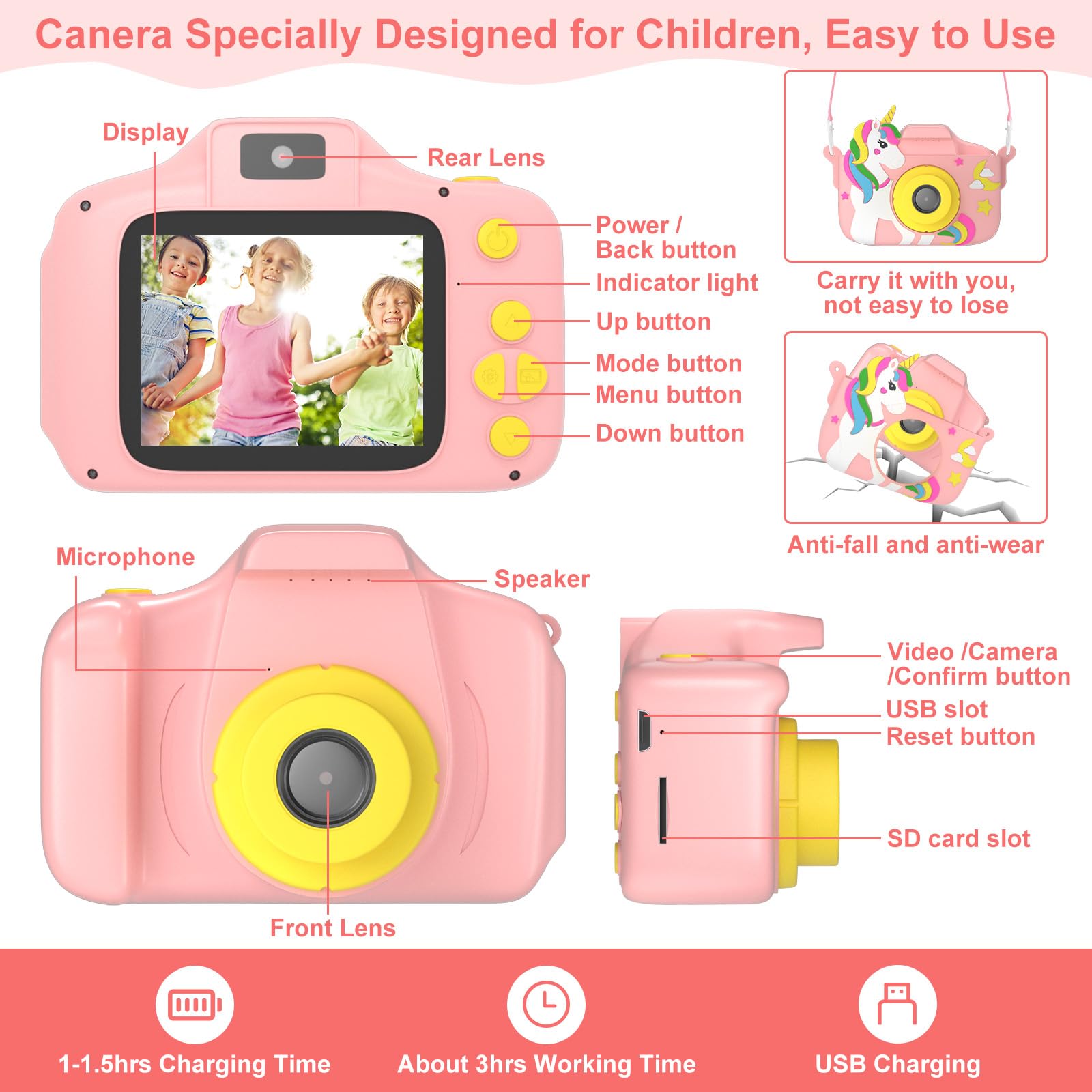Toddler portable digital toy camera with included lanyard attachment