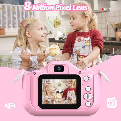 OUTUVAS pink digital toy camera side profile illustrating the shockproof drop resistant silicone material thickness