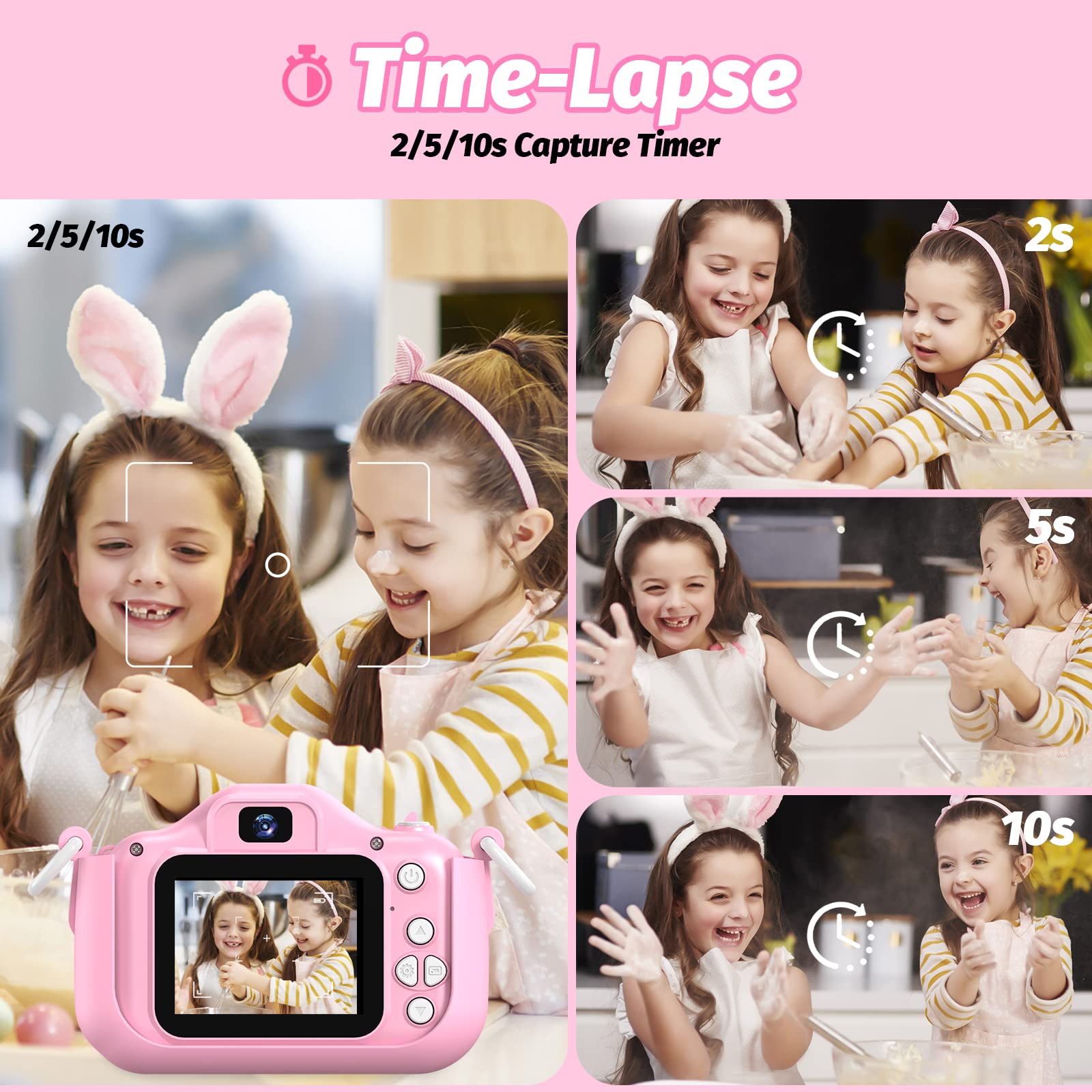 OUTUVAS toddler camera unboxing display featuring the pink unicorn case portable neck lanyard and charging cable