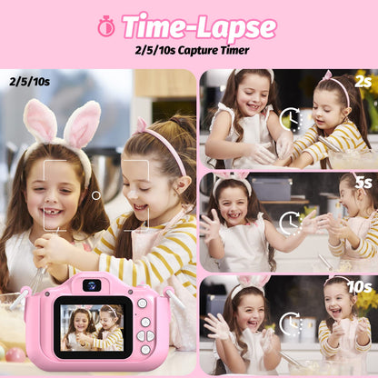 OUTUVAS toddler camera unboxing display featuring the pink unicorn case portable neck lanyard and charging cable