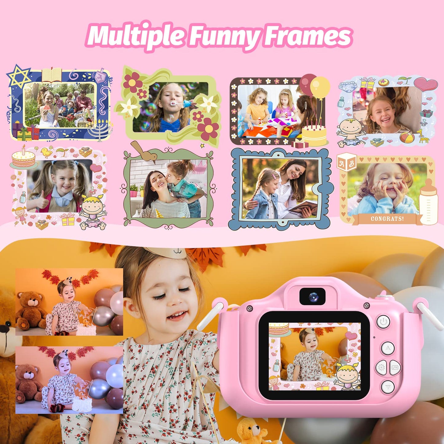 OUTUVAS kids photography gadget showcasing the built-in puzzle game interface on the bright color display screen