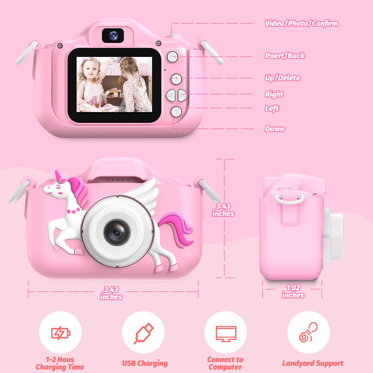 OUTUVAS premium imported kids toy camera being carried securely via the included comfortable matching pink lanyard