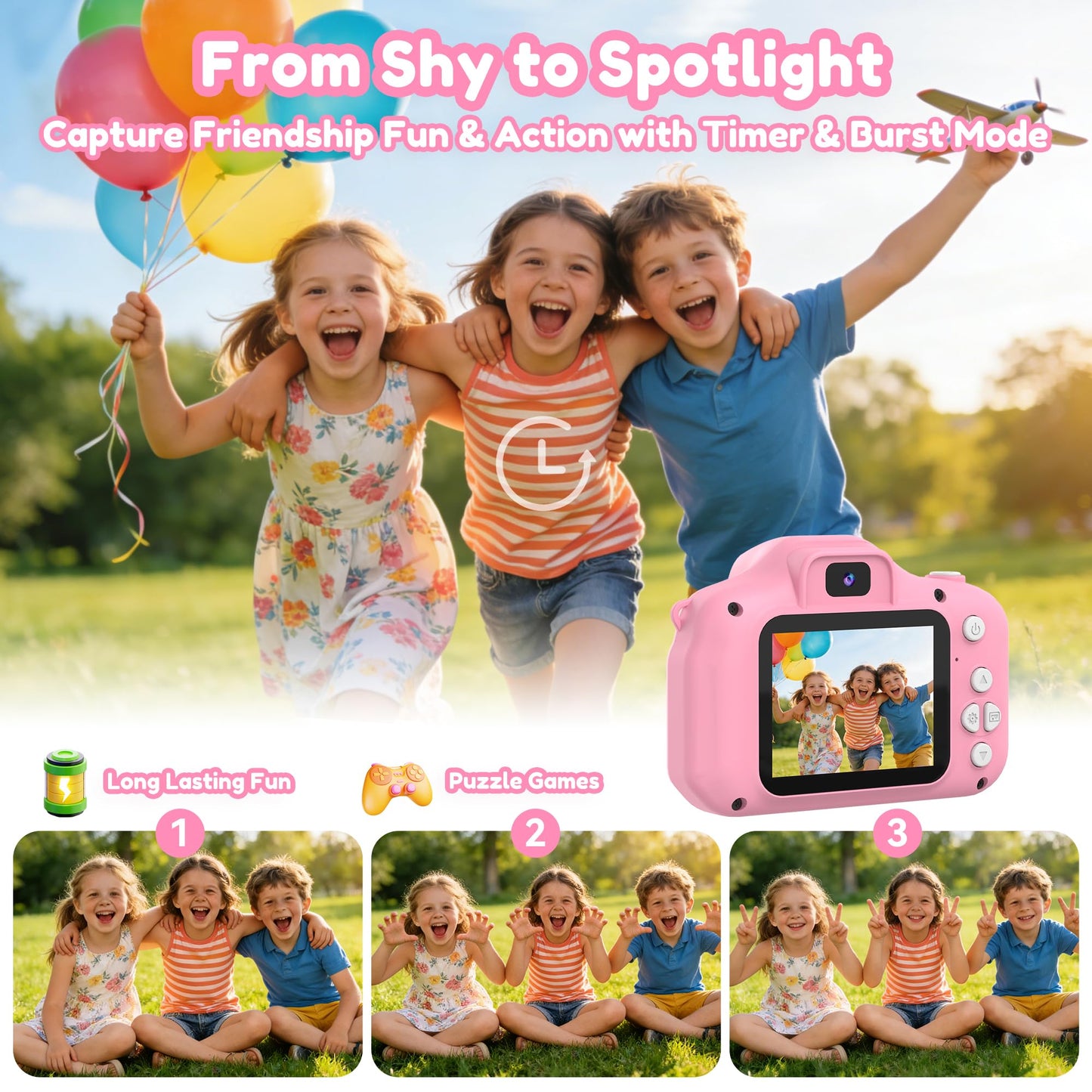 PROGRACE pink toy camera being held by small hands showcasing portable size