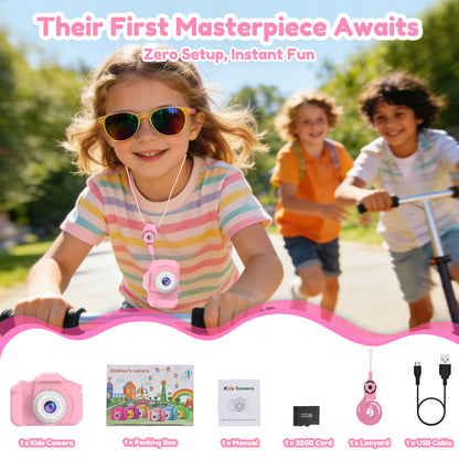 PROGRACE toddler camera demonstrating the front and rear dual lens selfie feature