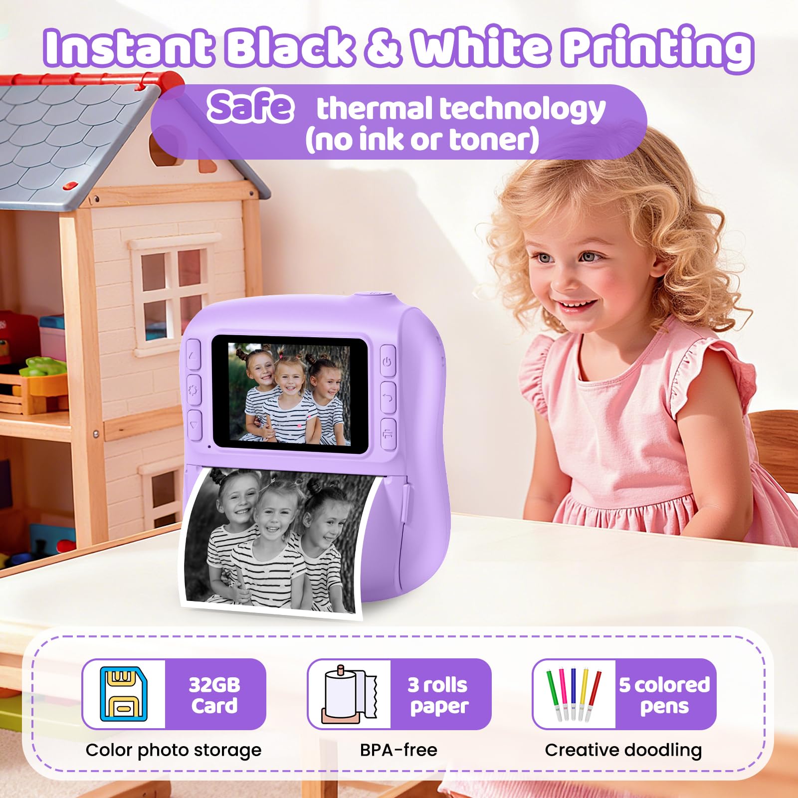 Hangrui children digital camcorder printing out a black and white photo