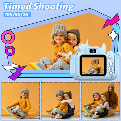 Blue digital video camera for toddlers showing the rear two inch display screen and tactile control buttons