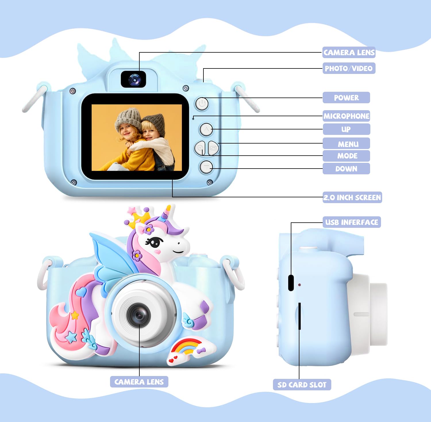 Shockproof children photographic toy camera in blue with the included thirty two gigabyte storage card inserted