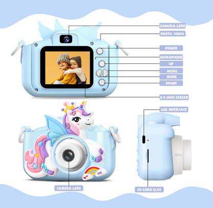 Shockproof children photographic toy camera in blue with the included thirty two gigabyte storage card inserted