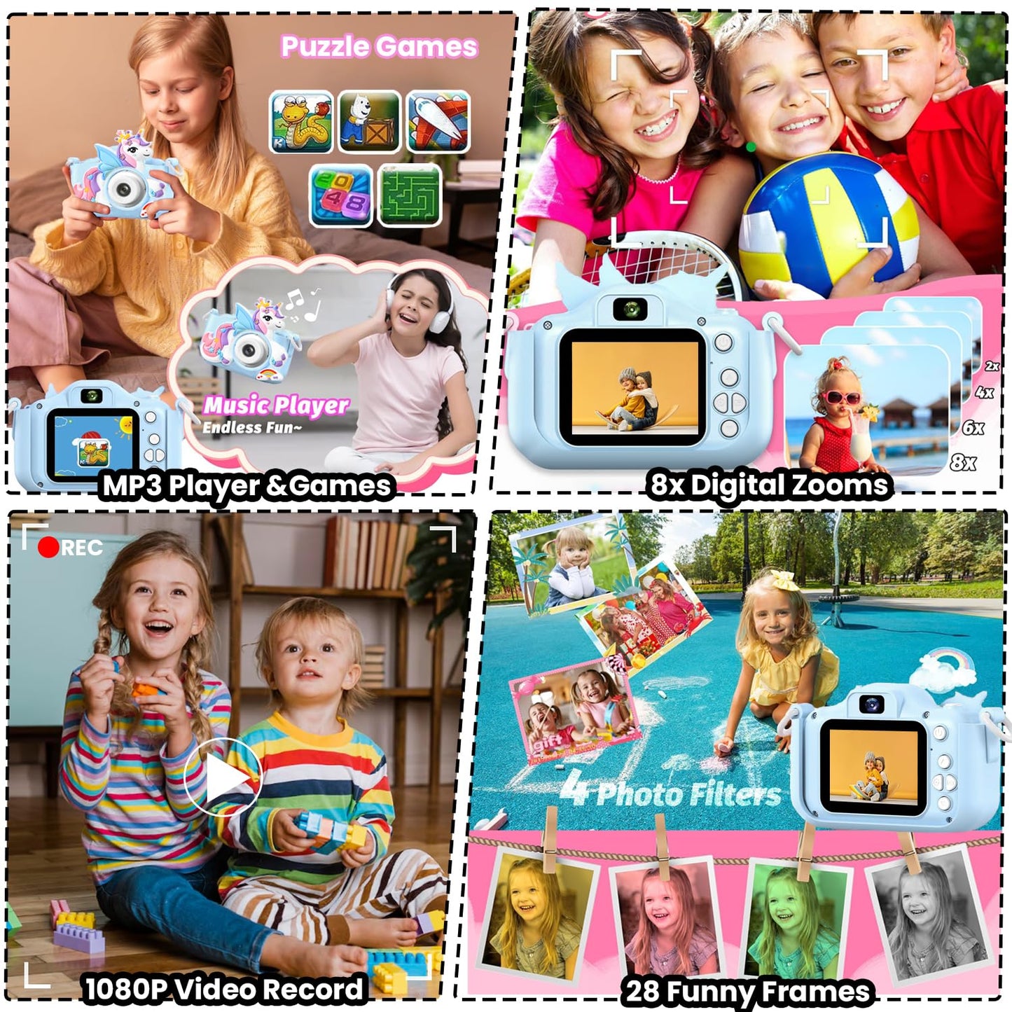 Authentic imported kids selfie camera showing the dual lens system for taking high definition photos