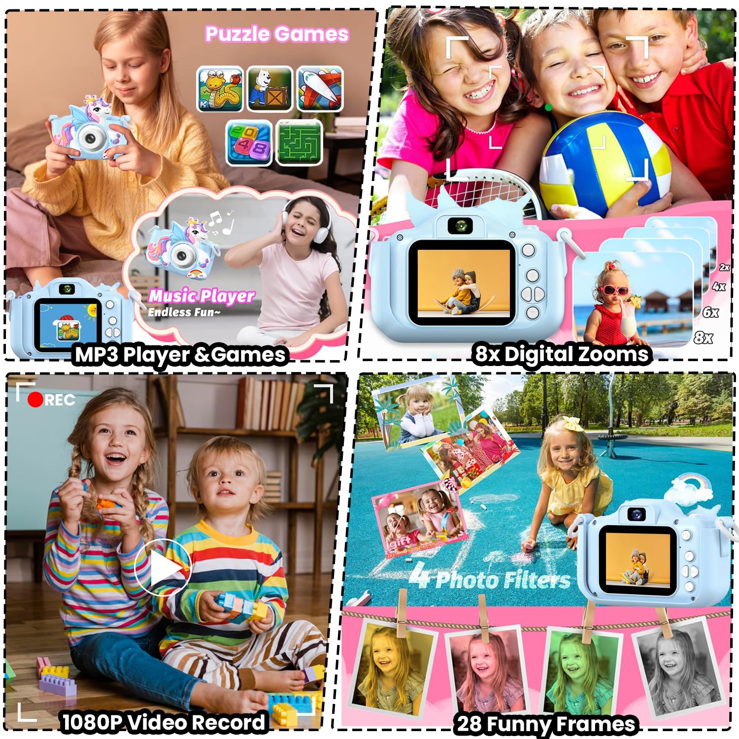 Authentic imported kids selfie camera showing the dual lens system for taking high definition photos