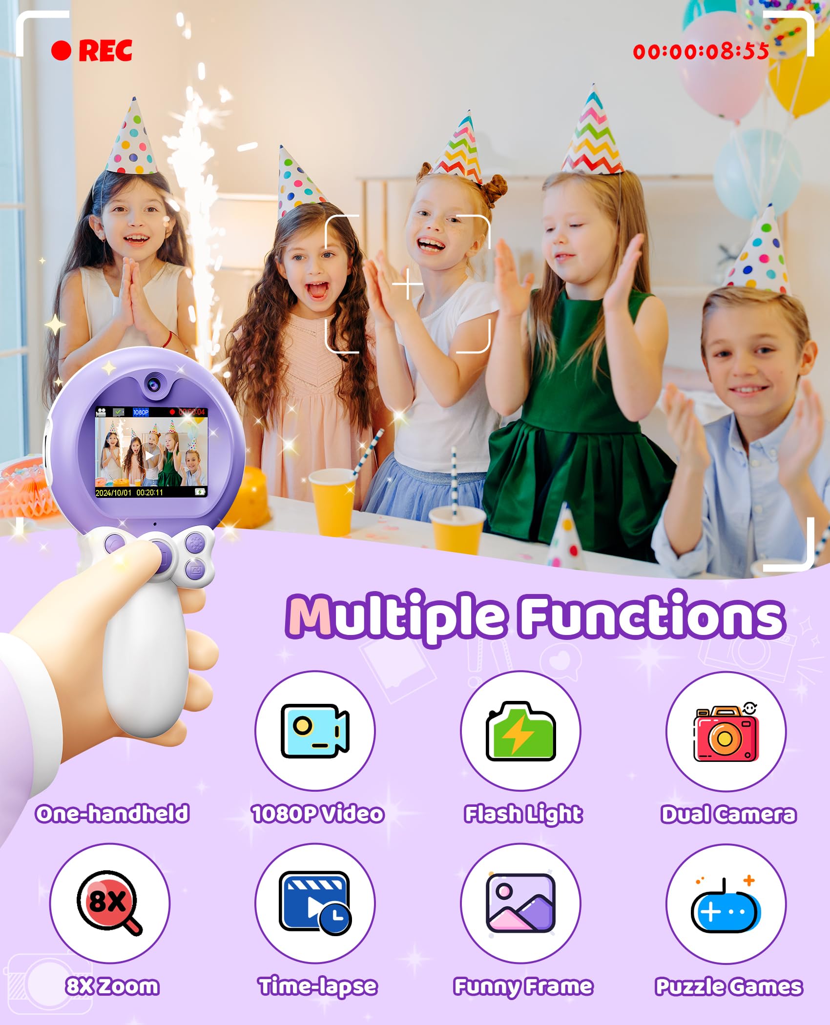 TEKFUN purple magic wand camera back screen and buttons