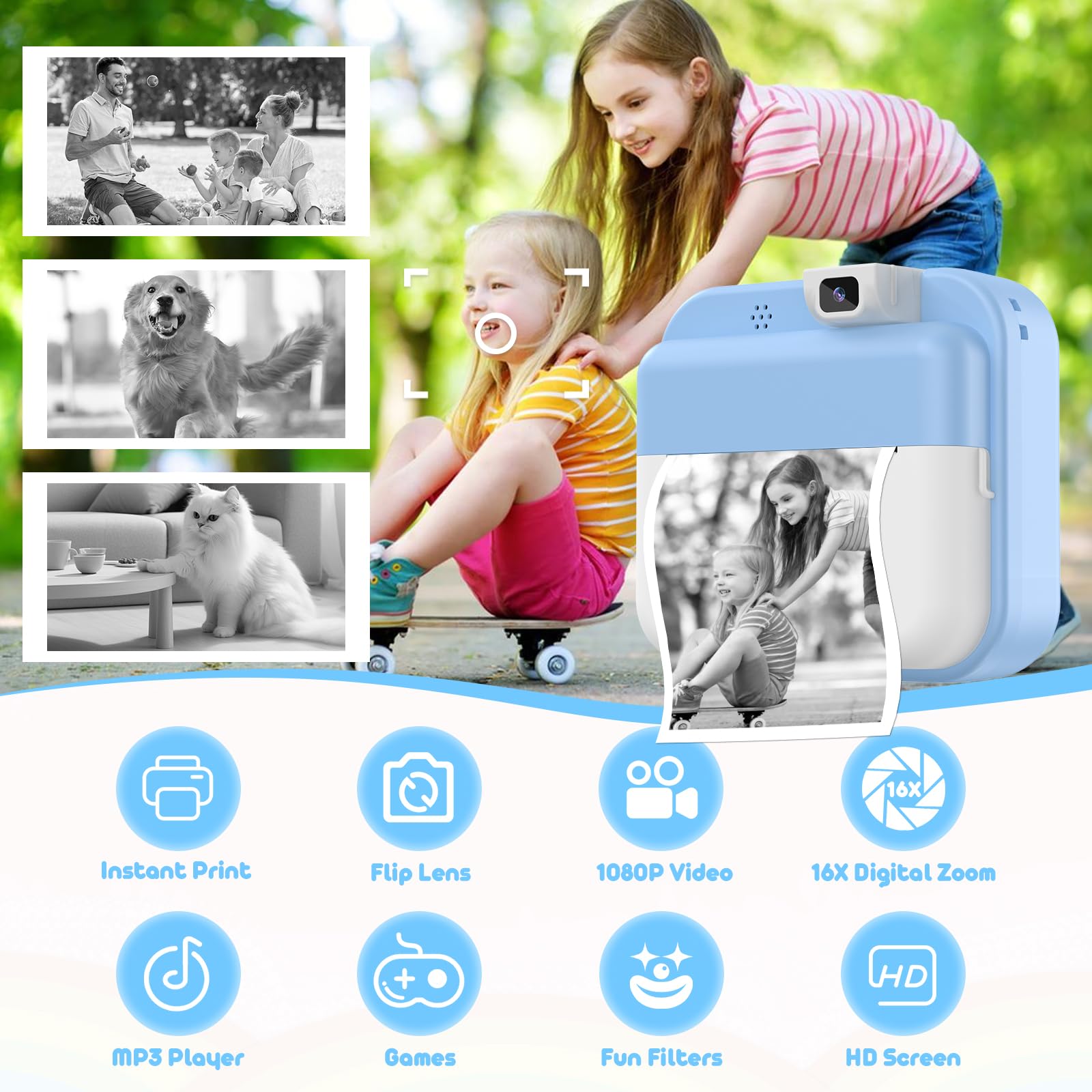 Alotwan children printing camera showing black and white photo paper rolling out from the thermal slot.