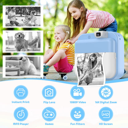 Alotwan children printing camera showing black and white photo paper rolling out from the thermal slot.