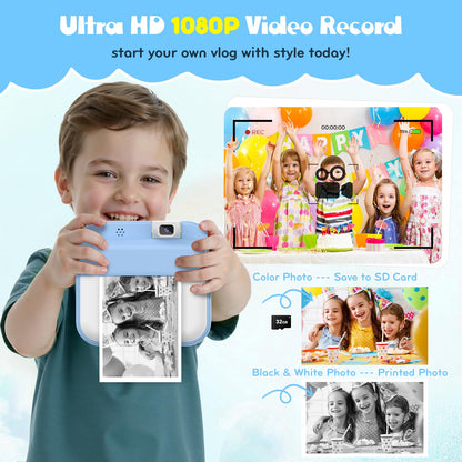 Alotwan instant photo printing device showing full box package contents including safety neck strap and paper rolls.
