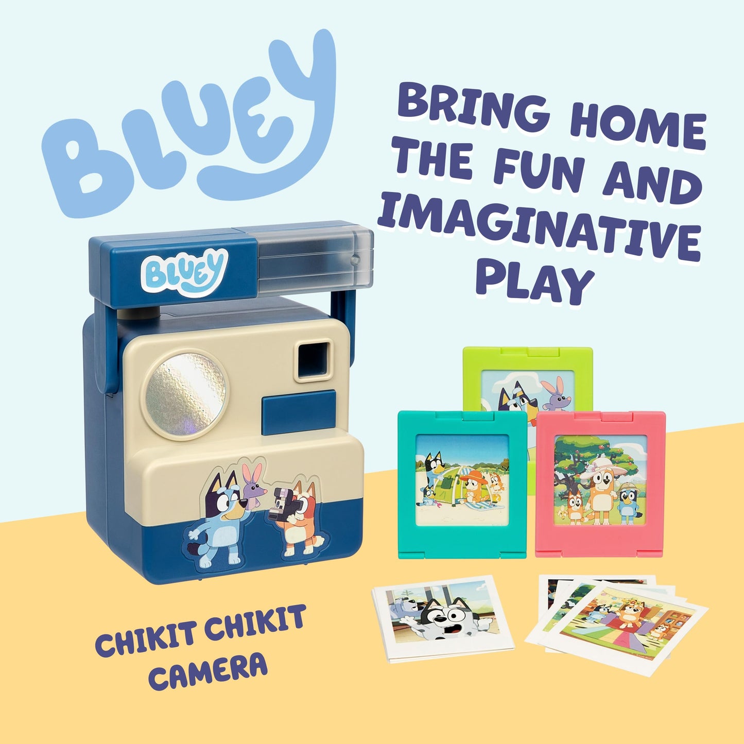 Bluey pretend play camera set showcasing the ten included illustrated photo cards and three cartridges