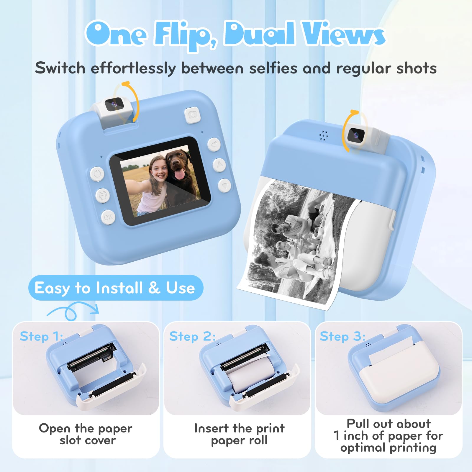 Alotwan toddler travel toy camera highlighting the side connection ports including the USB-C interface and SD card slot.