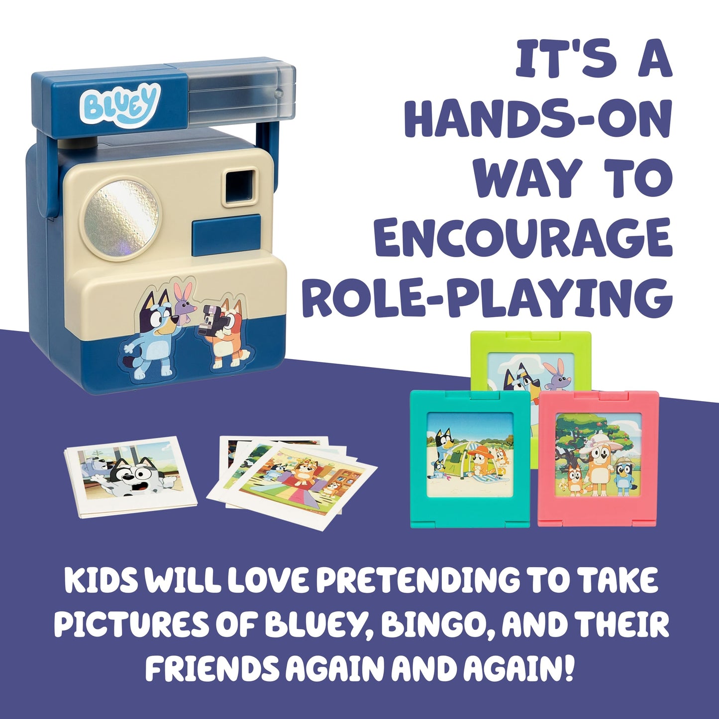 Packaging box of the authentic imported Bluey role play toy camera showing all included accessories clearly