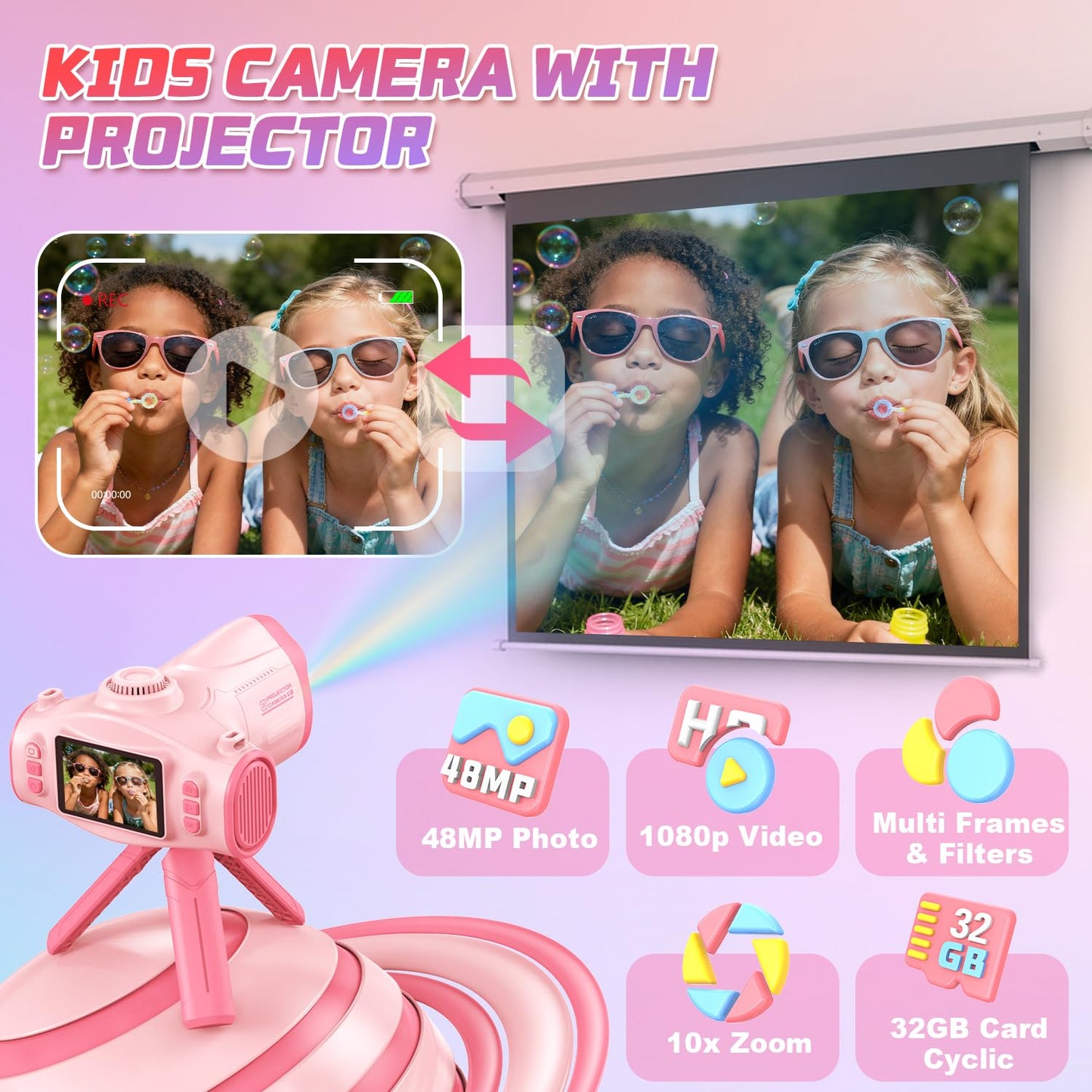 Pink digital vlogging camcorder for children mounted on the included mini tripod