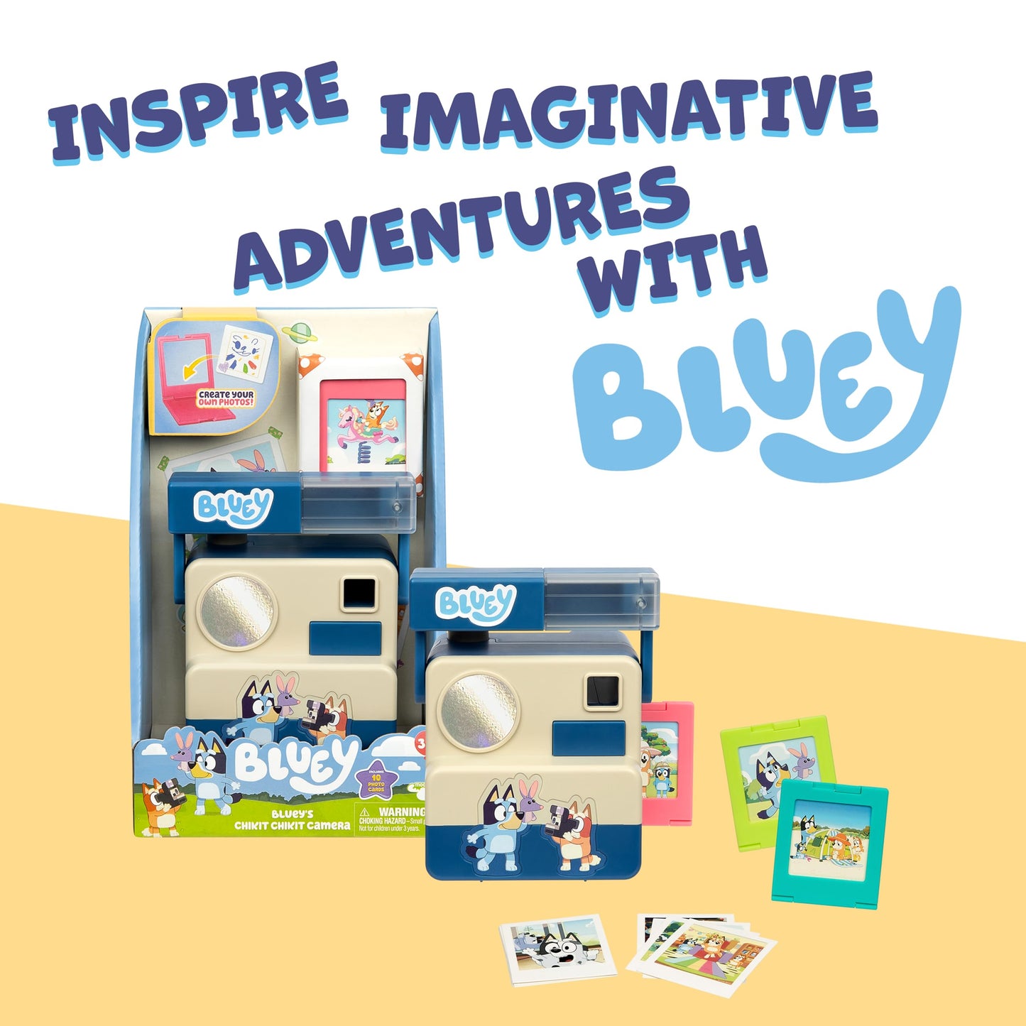 Side angle view of the lightweight Bluey preschool learning camera highlighting the realistic lens design