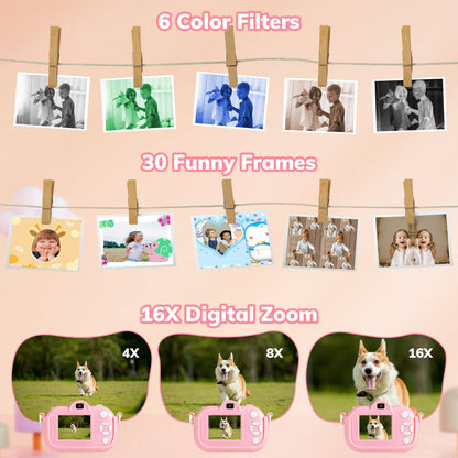 Lokiqua 48MP kids camera with accessories including pink lanyard and charging cable