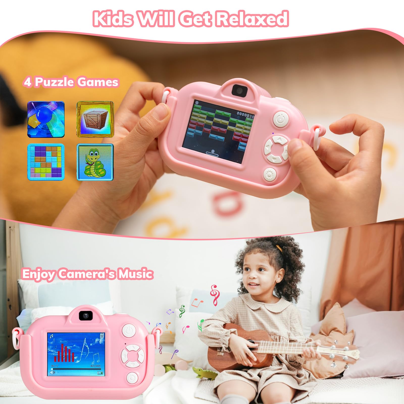 Lokiqua electronic learning toy camera display showing interactive puzzle games menu
