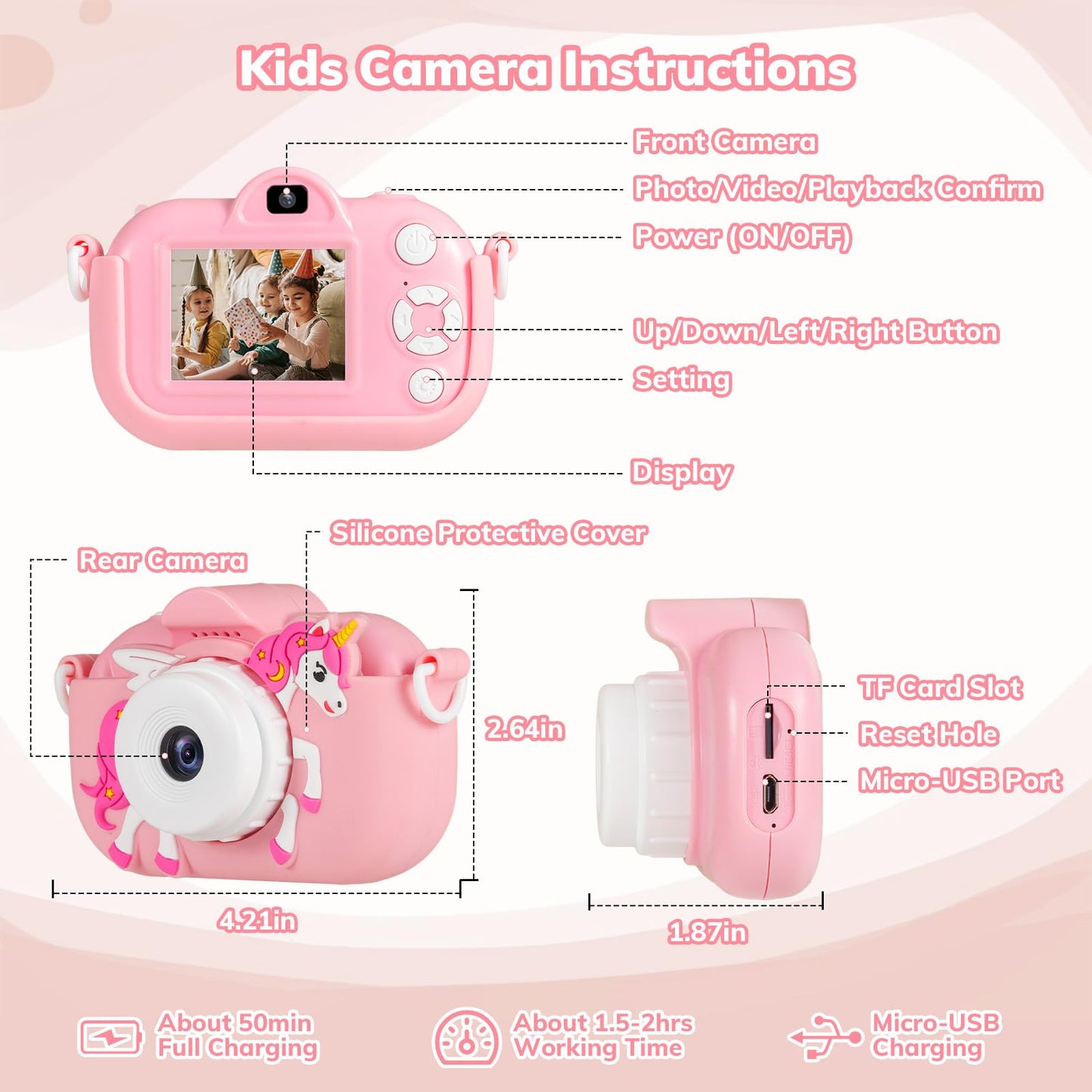 Lokiqua dual lens selfie camera for kids demonstrating the front lens positioning