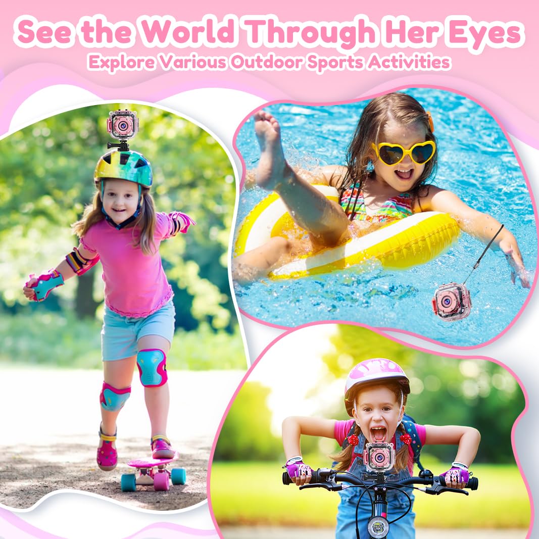PROGRACE waterproof camera for girls showing built-in creative photo frames