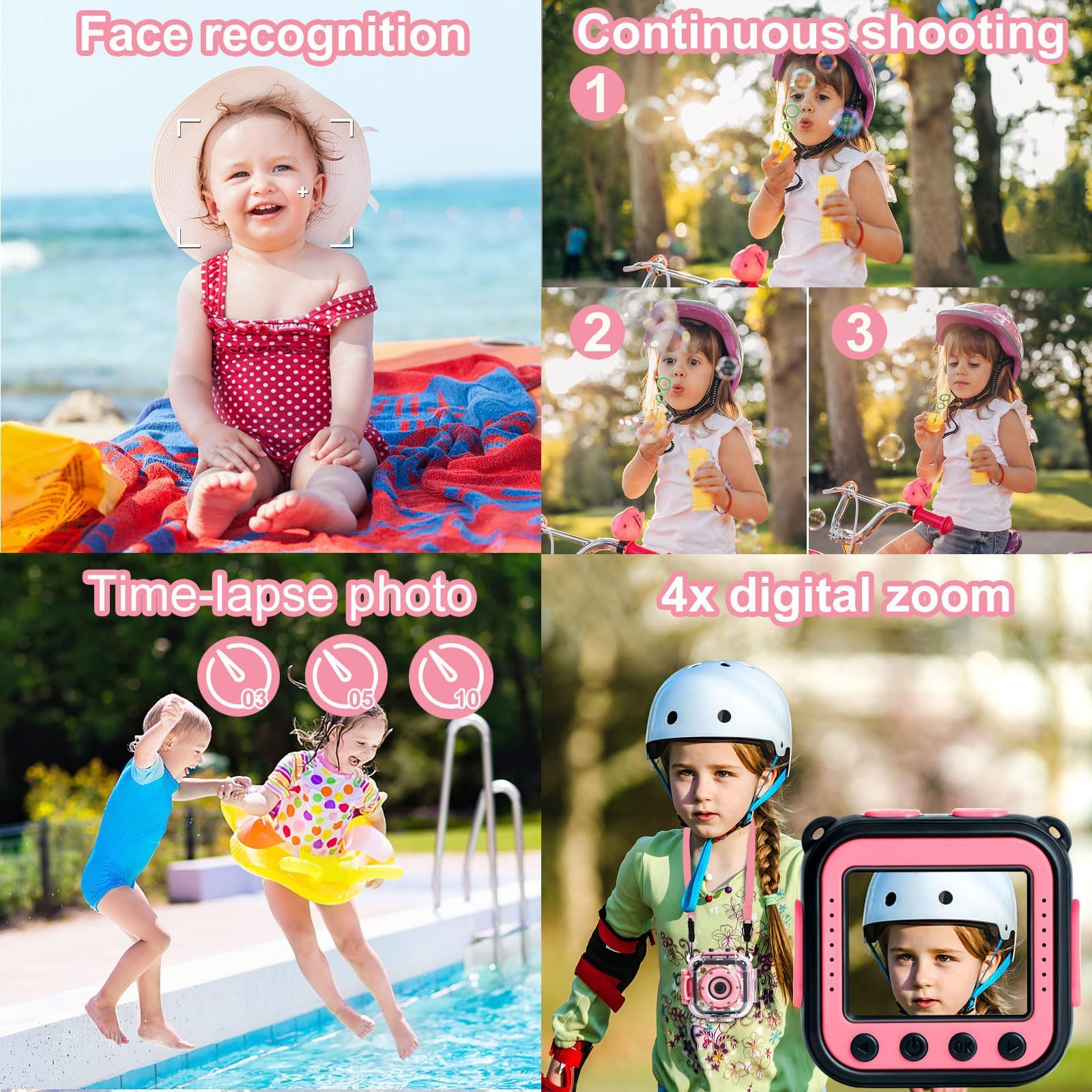 PROGRACE shockproof children digital camera being used near a swimming pool