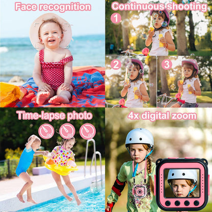 PROGRACE shockproof children digital camera being used near a swimming pool