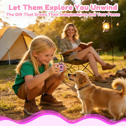 PROGRACE kids pink action camera out of its clear waterproof housing