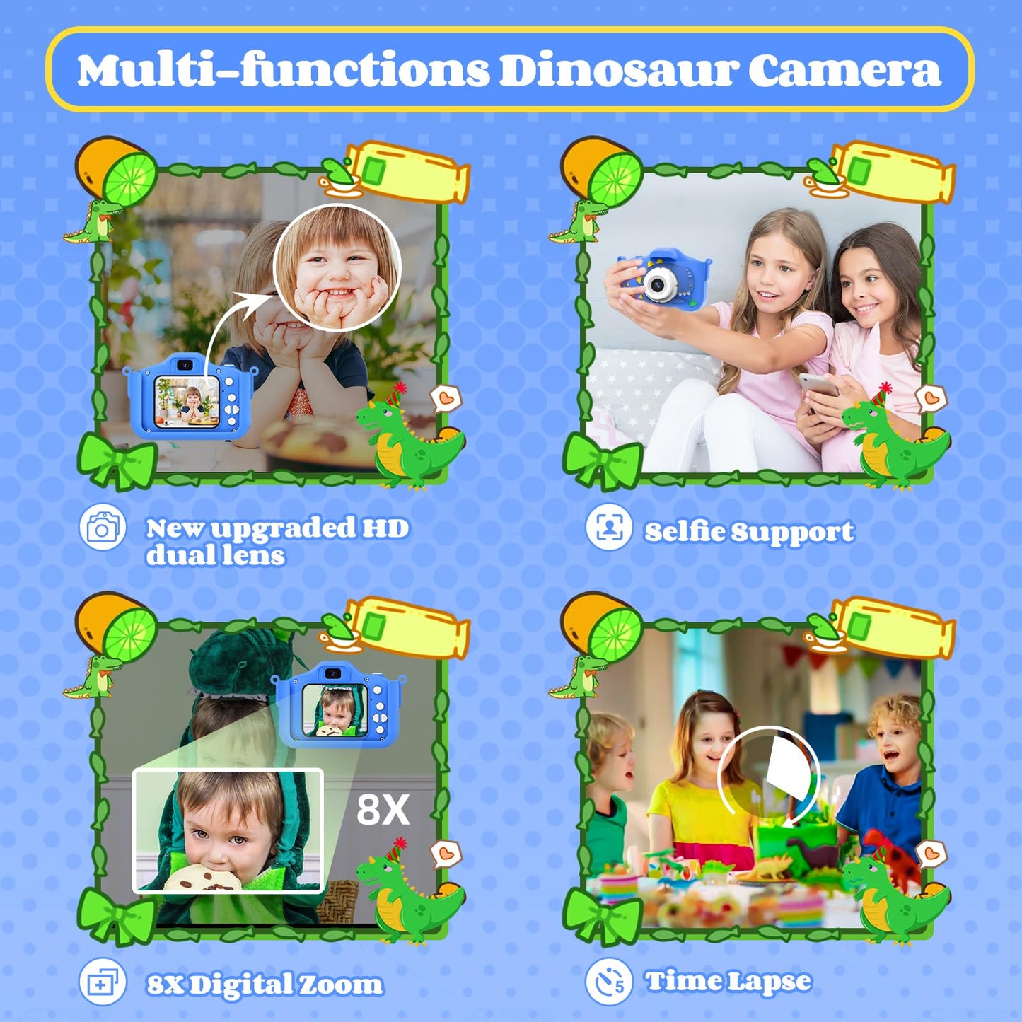 XBENDON toddler camera packaging contents including the sixty four gigabyte memory card lanyard and charging cable