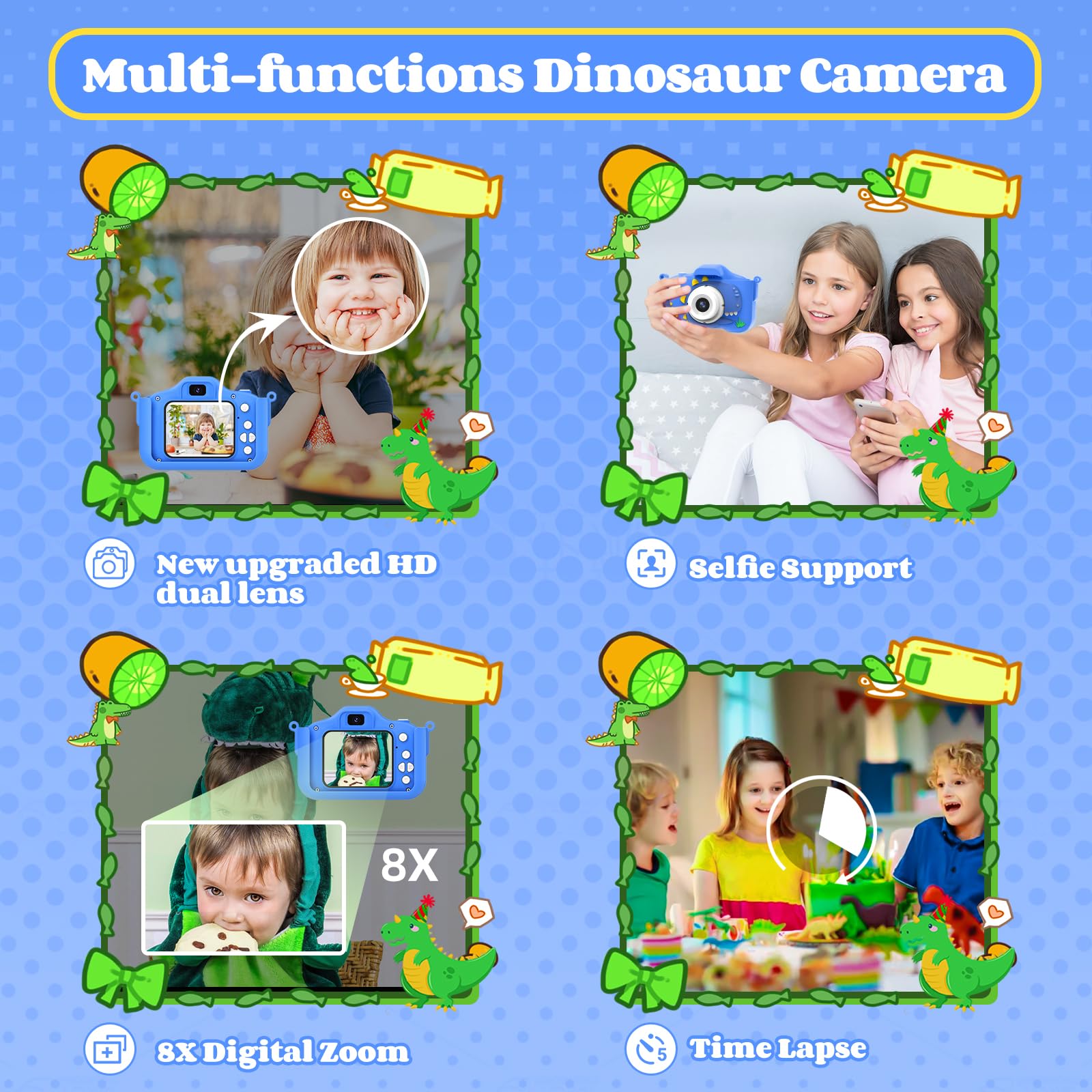 XBENDON toddler camera packaging contents including the sixty four gigabyte memory card lanyard and charging cable